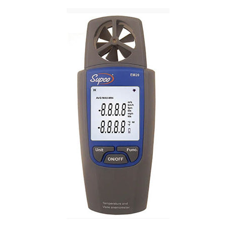 EM20: Supco vane anemometer measures air velocity in m/s, fpm, knots, mph, km/h, and beaufort scale, and also measures air temperature in degrees c