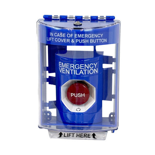 SS2471EM-SK: Blue Indoor/Outdoor Surface Push To Reset Stopper Station with Non-Returnable Text - In Case of Emergency