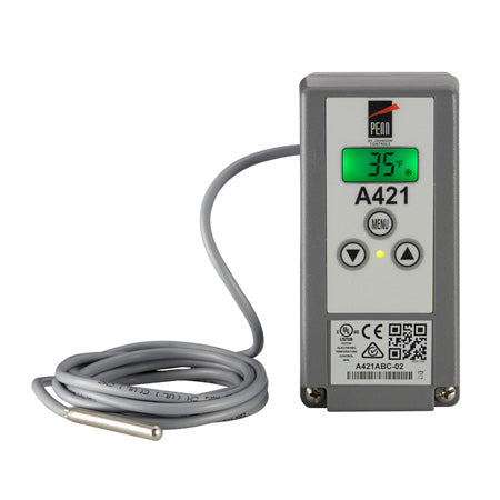 A421ABC-02C: Line-Voltage Type 1 Electronic Temperature Control for DIN rail and surface-mount applications rated for 120/240 VAC Includes an A99BB-200C