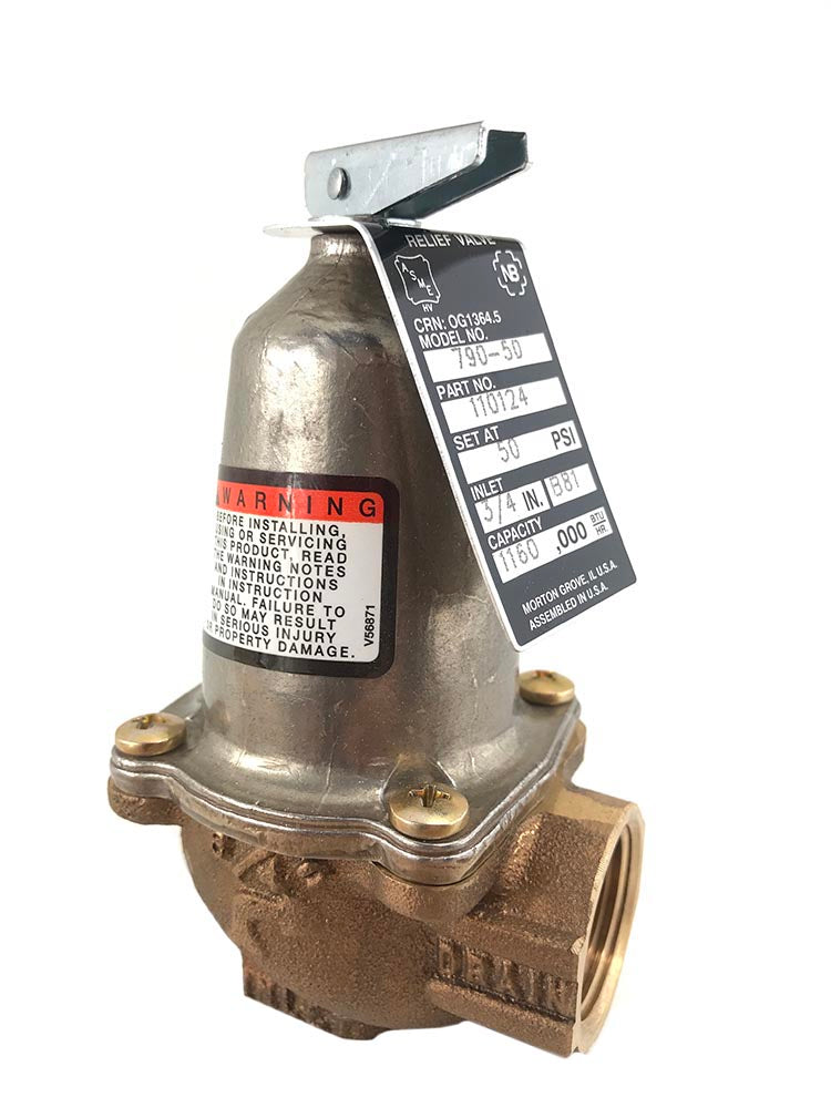 110124: 3/4" 50lb Relief Valve, 1160000 BTU for Hydronic Systems