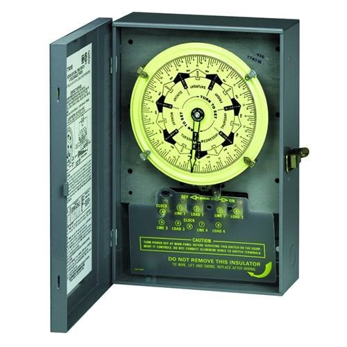 T7801BC: 7 Day Mechanical Time Switch, 120VAC 40A, 2NO/2NC or wire as (2) DPDT, Indoor Type 1 Metal Encl, w/Spring Wound Carry-over, Inclds 7On/Off Trips