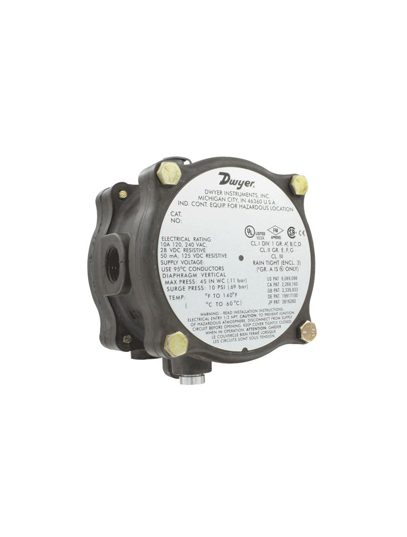 1950G-00-B-120-NA: Explosion-proof differential pressure switch, range .07-.15" w.c., approx. deadband @ min. set point .04, approx. deadband @ max. set point