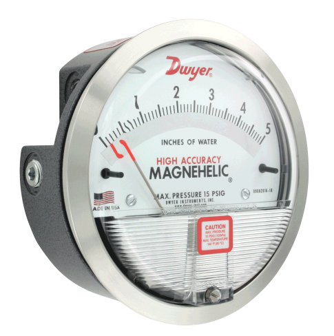 2000-0: Differential pressure gage, range 0-0.50" w.c., minor divisions .01, calibrated for vertical scale position.