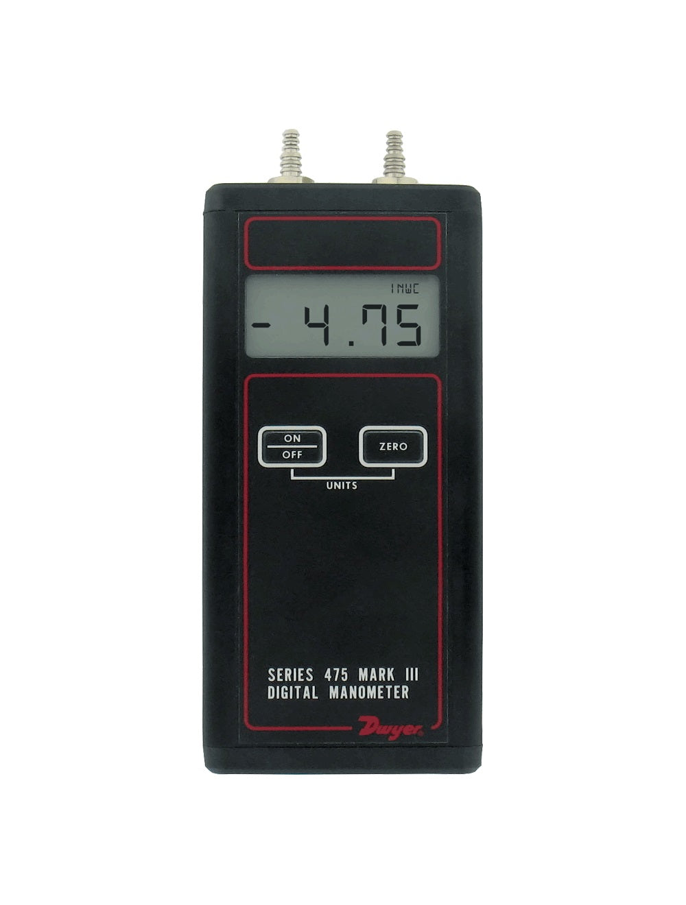 475-000-FM: Handheld digital manometer, range 0-1.000" w.c. (.2491 kPa), max. pressure 5 psig.