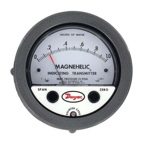 605-00N: Differential pressure indicating transmitter, range .05-0-0.2" w.c., max. pressure 25 psi (1.7 bar), 2% electrical accuracy, 4% mechanical