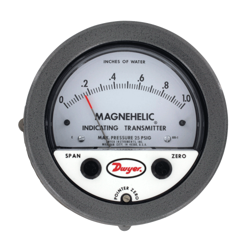 605-6: Differential pressure indicating transmitter, range 0-6.0" w.c., max. pressure 2 psi (13.79 kPa), 0.5% electrical accuracy, 2% mechanical