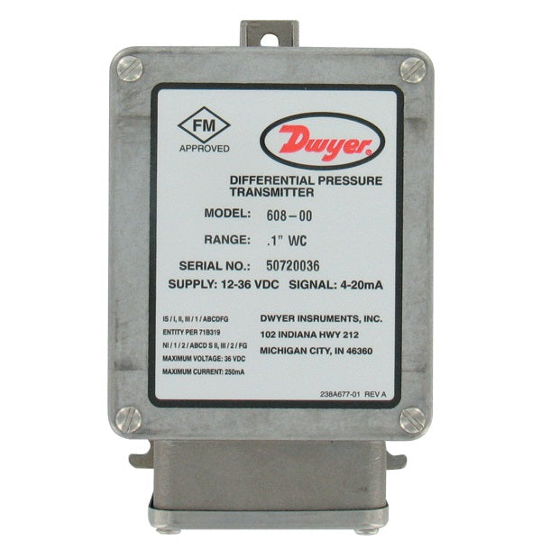 608-02B: Intrinsically SafeDifferential pressure transmitter, range 0.5-0-0.5" w.c