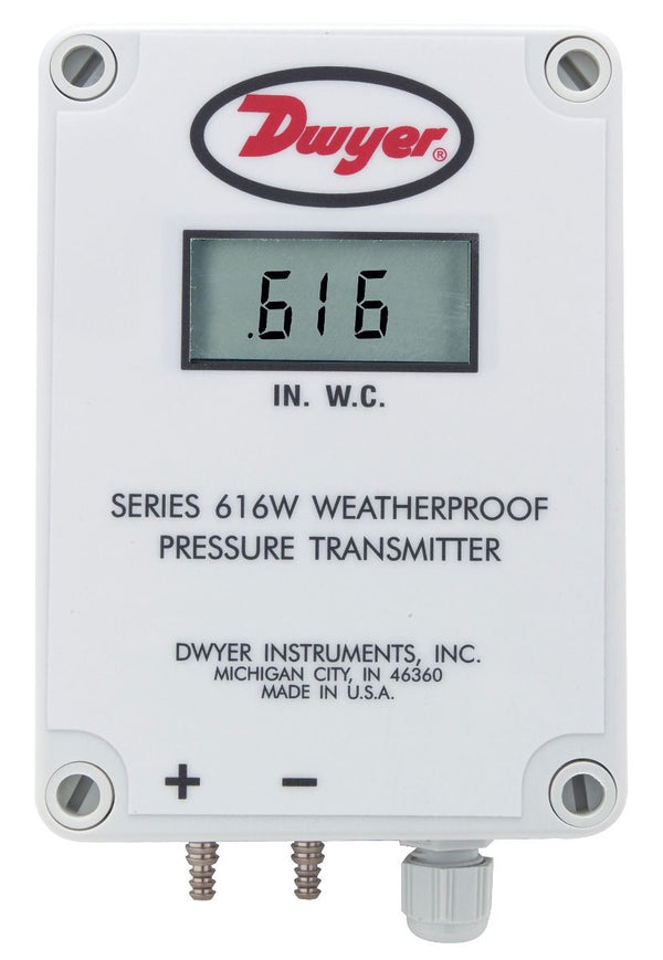 616W-2-LCD: Differential pressure transmitter, range 0-6" w.c., max. pressure 5 psig.