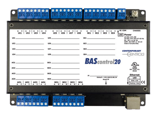 BASC-20R: BAScontrol with 20 I/O points, includes 12 inputs 4 Analog out 4 relay out