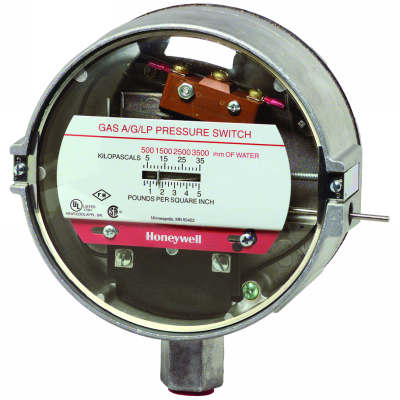 C437E2002: 1-26" w.c. Gas Pressure Switch, 1 3/4" w.c. Differential, Manual Reset, Single Pole Single Throw, Break On Fall, 1/2" Main or High Pressure