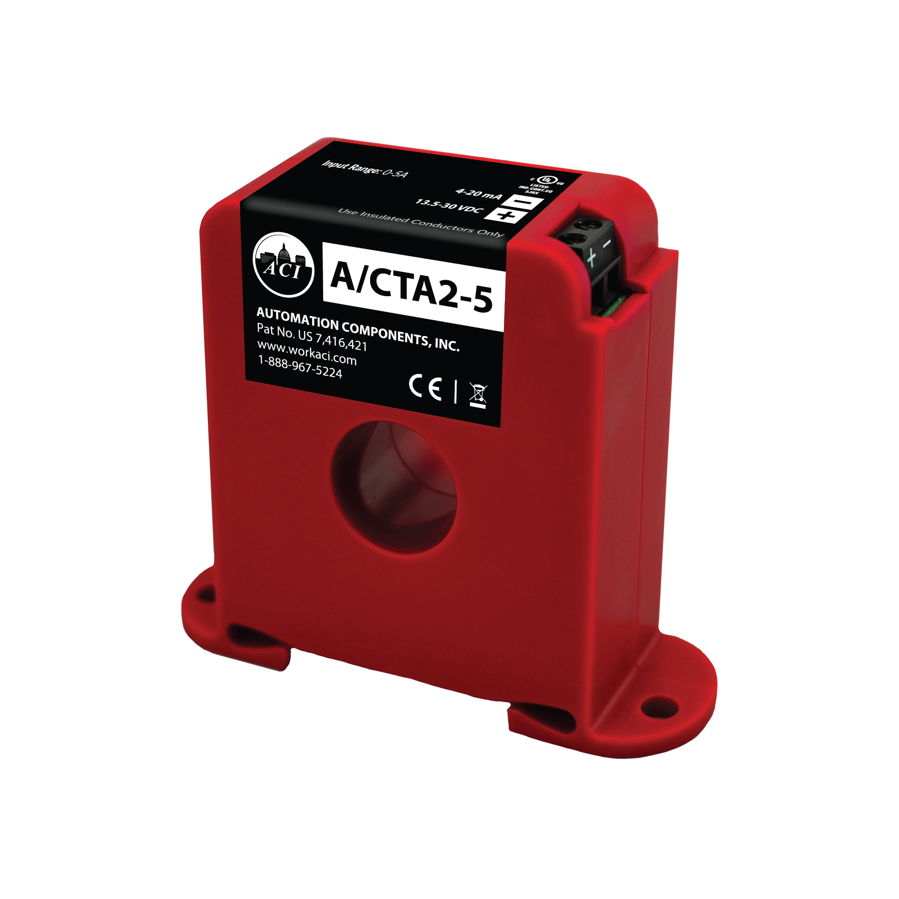 A/CTA-5: Current Transmitter, Solid Core, 4-20mA output, 0-5 Amp Fixed output