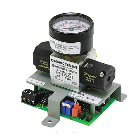 EP-313-020: 0-20 PSIG Electropneumatic Transducer with 18-28Vac/Vdc supply voltage, field selectable 4-20mA, 0-5Vdc, or 0-10Vdc input, and with manual