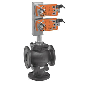 G765+2*AFX24-MFT-X1: Globe Valve, 2 1/2", 3-way, ANSI Class 125, Cv 68  Configurable Valve Actuator, Spring return, AC/DC 24 V, 2...10 V, MFT/programmable