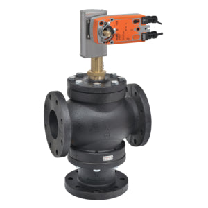 G7100D+AFX24-MFT-X1: 4" 3-way Diverting Valve 24VAC Spring Return 2-10VDC 154cv