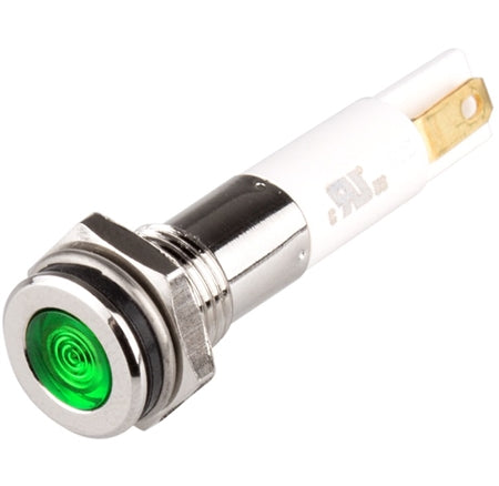 H08F-24G: High Intensity LED Indicator 8MM Mounting Flat Head Green 24V