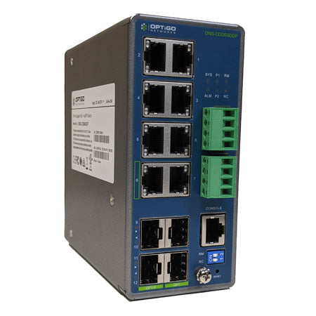 ONS-CD0840GP: Edge switch, 8 x 10/100/1000, -40C to +75C, 240W PoE+, DIN, (use CX/CU-SFP, optional ACC-PS-48V240W)