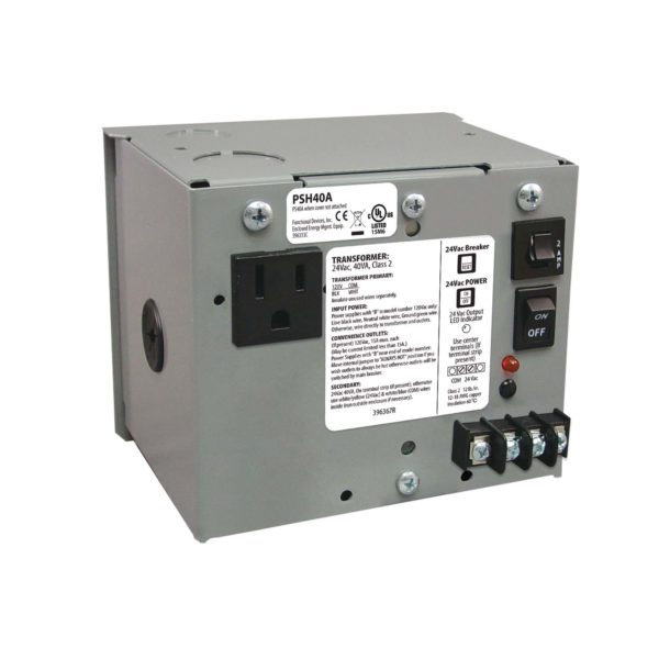 PSH40A: Enclosed Single 40VA 120 Vac to 24 Vac UL class 2 Power Supply