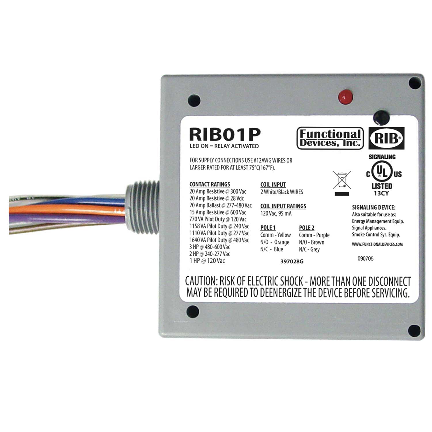 RIB01P: Enclosed Relay 20Amp DPDT 120Vac