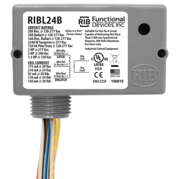 RIBL24B: Enclosed Relay 20Amp 24VAC/DC Latching