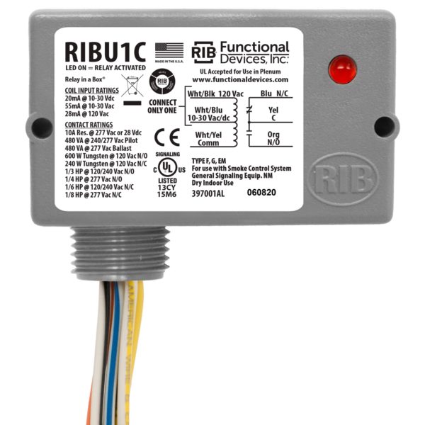 RIBU1C-5PACK: Enclosed Relay 10Amp SPDT 10-30VAC/DC/120VAC - 5 Pack