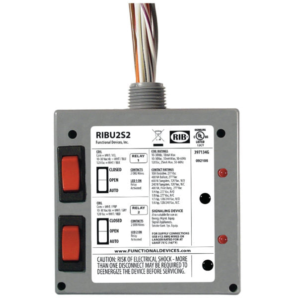 RIBU2S2: Relay 10Amp 2 SPST 10-30Vac/dc or 120Vac w/Override switch