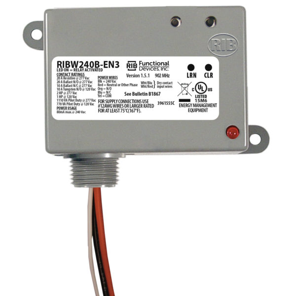 RIBW240B-EN3: EnOcean 902 Mhz Enclosed Relay 20Amp 240Vac 2-Way Wireless Dry-Cont. Input