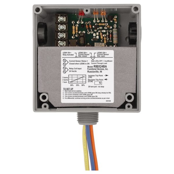 RIBX24BA: Current Switch and Relay Combination, 20 Amp SPDT, 24Vac/dc Coil, Adjustable, 0.5-20 Amp, NEMA 1 Housing