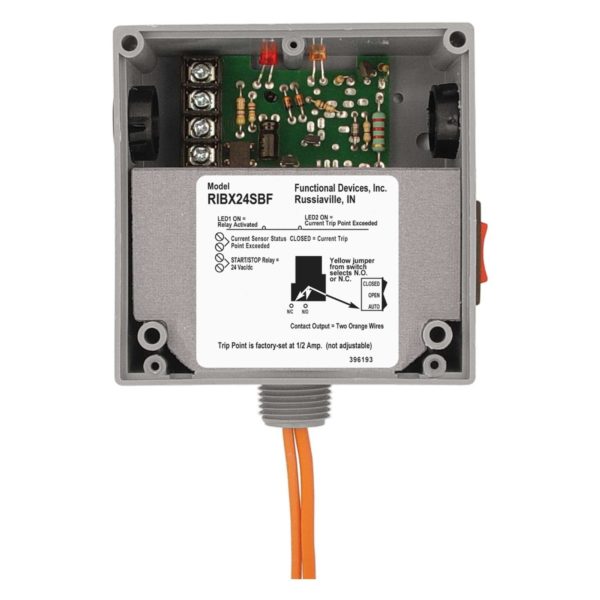 RIBX24SBF: Current Switch and Relay Combination, 20 Amp SPST + Override, 24 Vac/dc Coil, Fixed, 0.50-20 Amp, NEMA 1 Housing