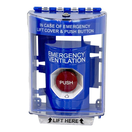 SS2471EM-SK: Blue Indoor/Outdoor Surface Momentary (Illuminated) Stopper Station with Non-Returnable Text In Case of Emergency