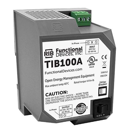 TIB100A: Transformer 96Va, 120 To 24 Vac, Circuit Breaker, Din Rail Mount