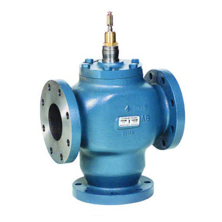 V5013B1045: Valve,Globe, 3 Way Mixing, 6", 125# Flange,, Three way linear flanged globe valve cast iron stainless steel stem bronze seat teflon cone packing