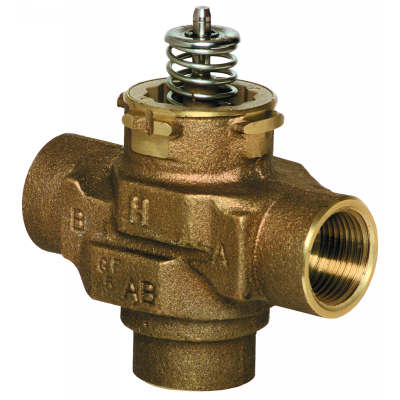 VCZML6100: 3/4" sweat, three way cartridge cage valve, stem up to close A port, 6.6cv, chilled or hot water with up to 60% glycol, 60# closeoff pressure, bronze