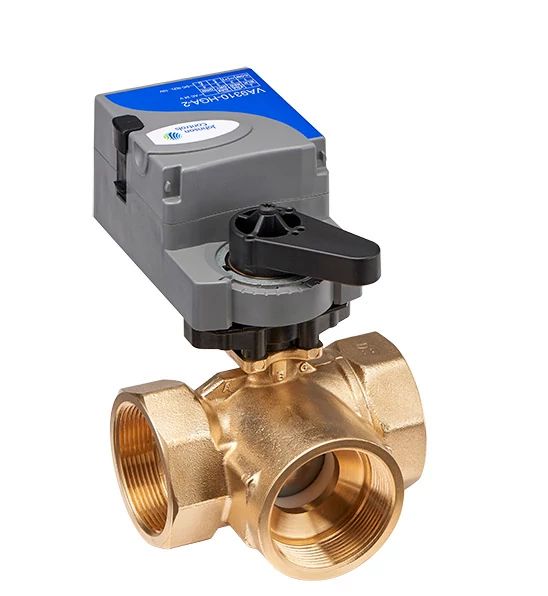 VG1841DN+910HGA: 1 1/4", NPT, 0-10Vdc, 2-10Vdc, 24Vac, 11.7 Cv 3 Way Equal Percentage Flow Forged Brass Body with Plated Brass Trim Ball Valve Non-Spring Return