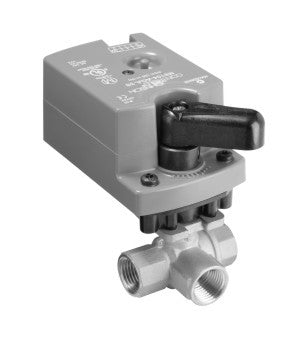 VH1841AF+9T4GGA: 1/2" 3W Ball Valve, 2.9 Cv, Brass Trim, 200 psig closeoff, NPT, with VA9104-GGA-3S, Non-Spring Return, 0-10 VDC, no end switches, MADE in USA