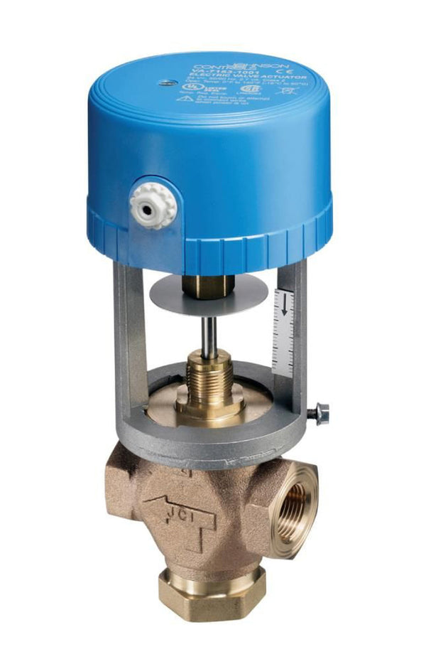 VG7842GT+7152G: Valve,Assembly, 1/2", NPT, 0-10Vdc, 24Vac, 3 Way Mixing 4.6 Cv Linear Flow Cast Bronze Body with Brass Trim and NSR, Prop Act