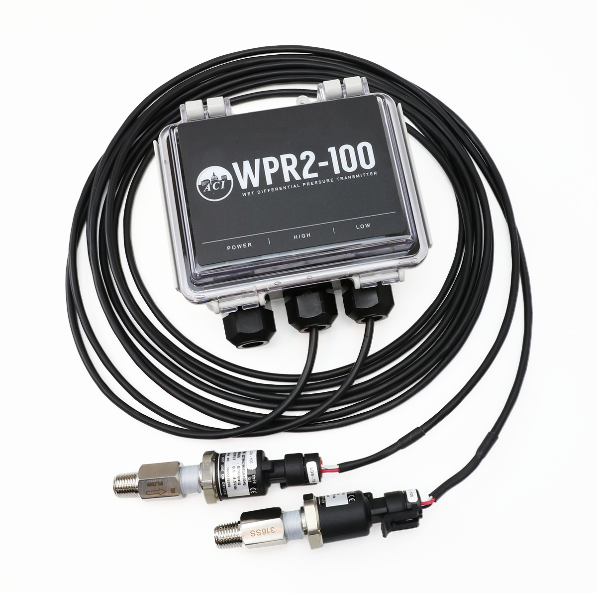 A/WPR2-100-10-V: Wet to Wet Diff Pressure Transducer w/Remote Probes 4-20mA, 0-5, 0-10VDC, 0-15, 0-25, 0-50, 0-100