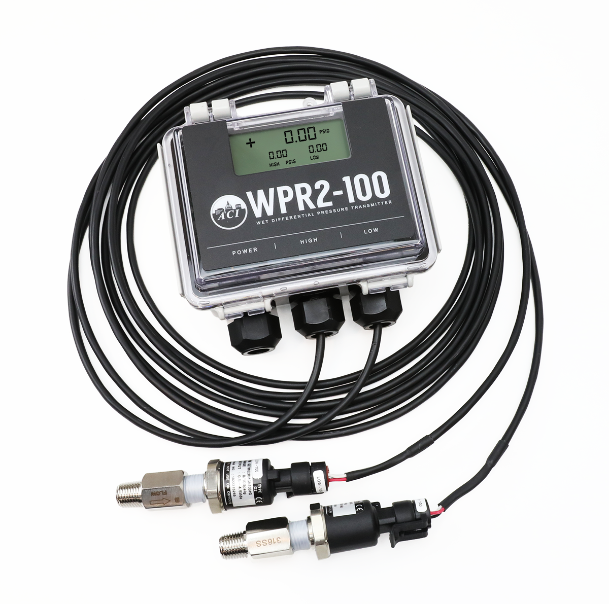 A/WPR2-100-20-LCD: Wet to Wet Diff Pressure Transducer w/Remote Probes 4-20mA, 0-5, 0-10VDC, 0-15, 0-25, 0-50, 0-100 with Display 20' leads.