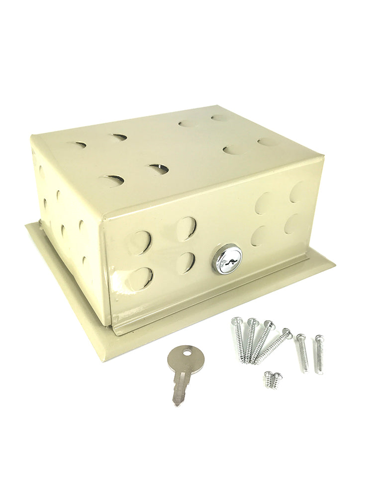 BTG-54VLW: Beige Metal Hinged Locking Thermostat Guard 6" x 3 13/16" x 3 1/8" with Ring Base and Key