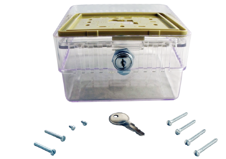 BTG-K: Clear Plastic Locking Thermostat Guard, 5 1/4" x 4 3/8" x 3"  with Solid Base and Key