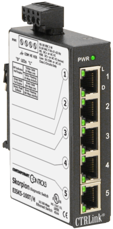 EISK5-100T: 5-port 10BASE-T/100BASE-TX Skorpion switch, DIN-rail mount