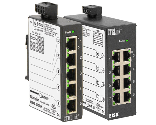 EISK5-GT: Gig Switch. 5-port 10BASE-T/100BASE-TX/1000BASE-T Skorpion switch, DIN-rail mount