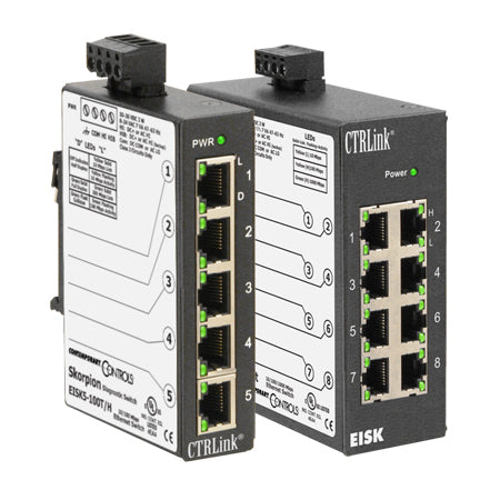 EISK8-GT: Gig Switch. 8-port 10BASE-T/100BASE-TX/1000BASE-T Skorpion switch, DIN-rail mount