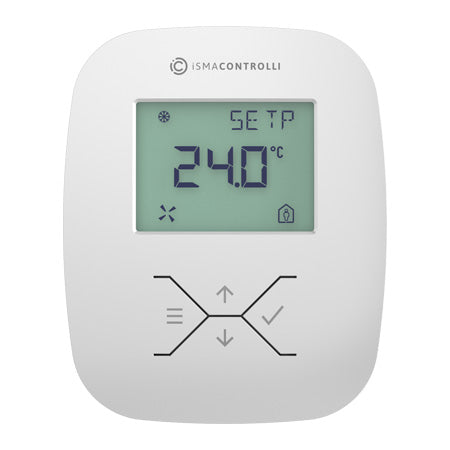 iSMA-B-LP-1: Wall panel with 2.6" LCD display, touch buttons for changing parameters.