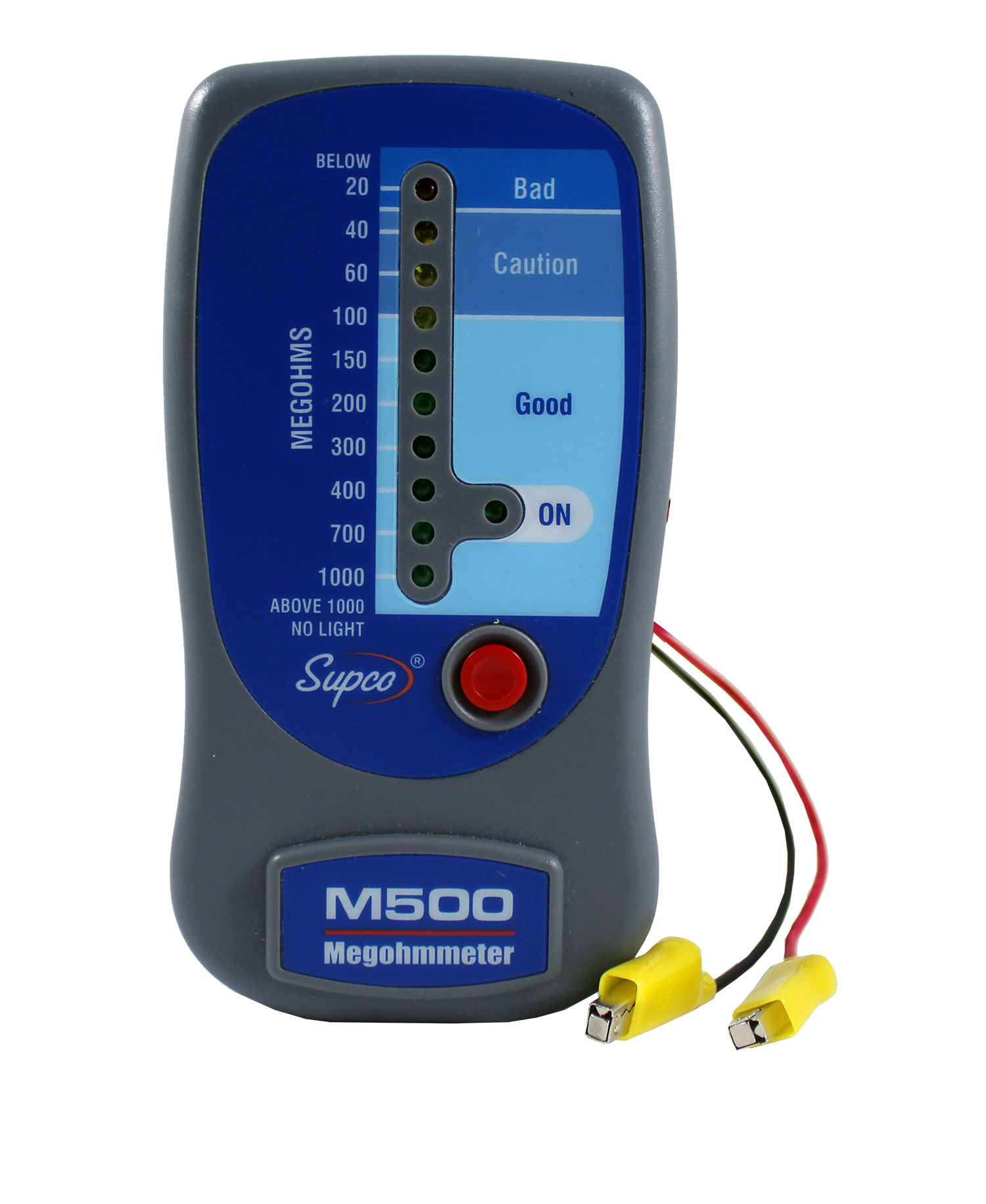 M500: LED MEGOHMMETER Measurement/Function Insulation Resistance Range 20 to 1000 megohms Temperature Range 32F to 120F Lead Length 6"