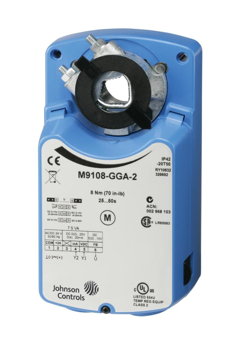 M9109-GGA-2: 24Vac, 0-10Vdc, 2-10Vdc, 4-20mA with 500 ohm Resistor, 80 lb-in Torque, 60 second travel time, 1/4" Spade Terminals Non-Spring Return LIMITED