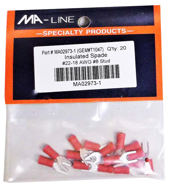 MA02973-1: Insulated Spade Terminals 22-18AWG #8 Stud 20/PKG.