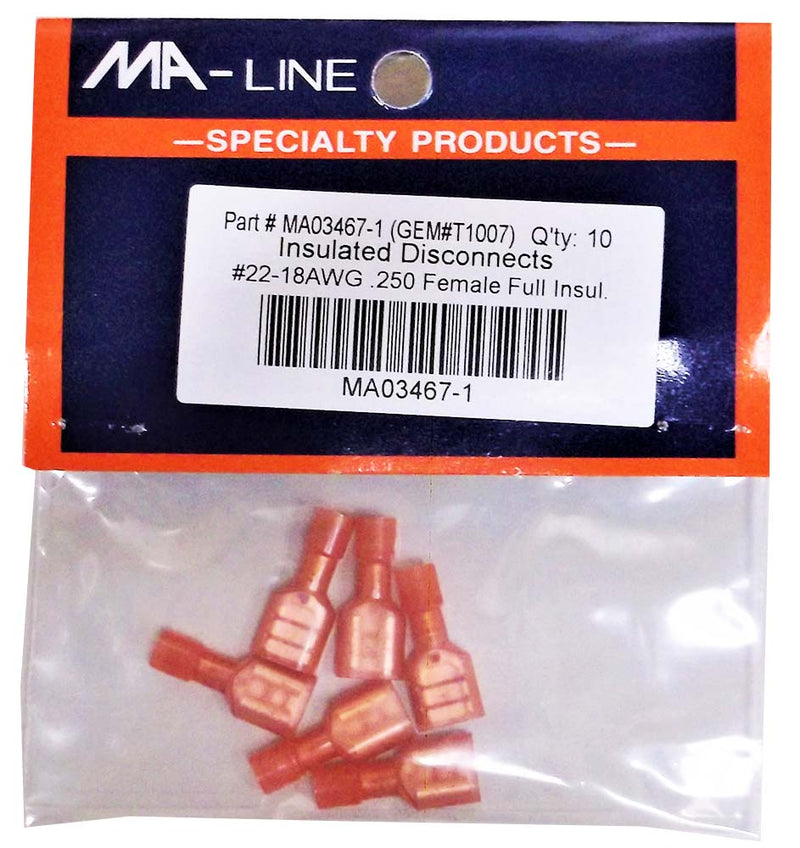 MA03467-1: Fully Insulated Quick Disconnects 22-18AWG Female 0.250 Tab 10/PKG.