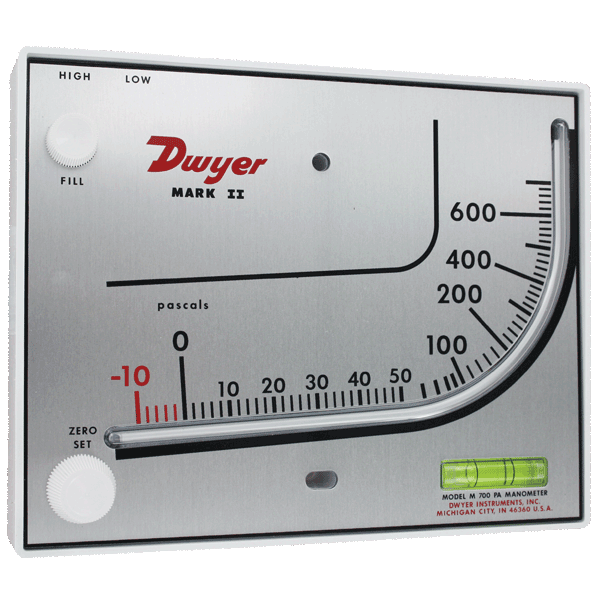 MARK II 25: Molded plastic inclined-vertical manometer, range 0-3" w.c., red oil, .826 sp. gr.