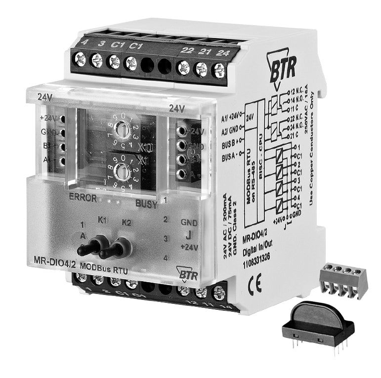 MR-DIO4/2: Modbus RTU 4 digital inputs and 2 relay outputs with HOA switch