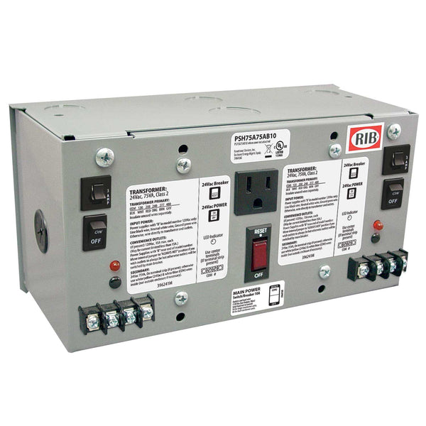 PSH75A75AB10: Enclosed Dual 75VA Multi-Tap 24VAC UL Class 2 Power Supply 10A Main Breaker